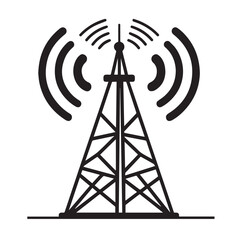 A black and white vector illustration of a radio tower emitting signals, isolated on white background