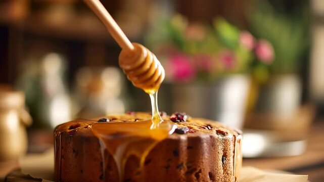 Honey drizzle on fruit cake with wooden honey dipper close up, baked dessert sweet treat on wooden table, warm lighting creating cozy inviting food moment blurred background