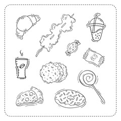 Food icon, hand drawn fast food icon, doodle food and beverage icon set