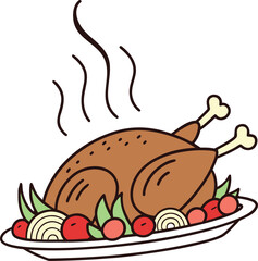 Cartoon Roast Turkey with Vegetables on Plate Vector Illustration