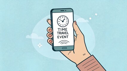 Cartoon Hand Holding Smartphone with Invite to a time-travel event, with a minimal clock design, on a simple light blue background.