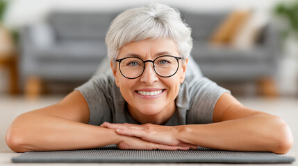Smiling caucasian mature female relaxing on yoga mat indoors