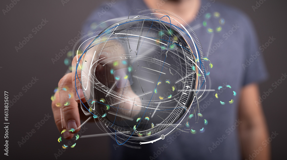 Poster futuristic technology concept. man interacts with a digital globe, representing global connectivity 