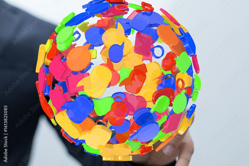 Poster abstract image of colorful speech bubbles forming a sphere, representing global communication and di