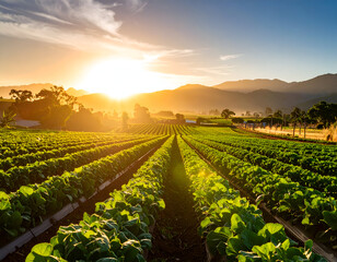 Vibrant Green Farm Field at Sunset