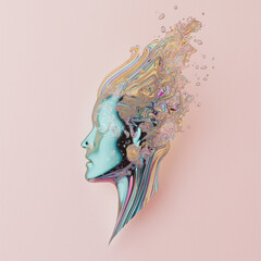 Abstract surreal portrait with vibrant colors and digital effects on pink background