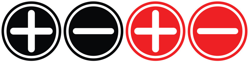 Black and Red Plus and Minus Icons – Add and Subtract Symbols in Circular Button Style