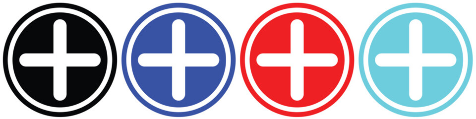 Obraz premium Multicolour Plus Icons in Circle – Add Symbols in Black, Blue, Red, and Cyan for UI Design