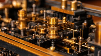 Fototapeta premium Close-up view of intricate brass machinery components showcasing gears and mechanical parts in action