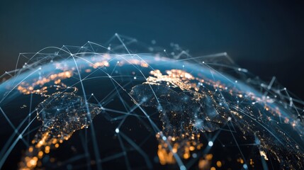 The image depicts a detailed view of Earth at night, highlighting city lights and intricate network connections. It symbolizes global connectivity and technological advancements
