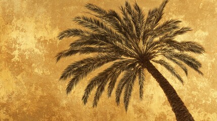 A tall palm tree stands gracefully against a rich golden and textured backdrop. The warm light enhances the tranquility of the scene, suggesting a serene afternoon