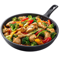  Delicious chicken stir fry with vegetables in a pan cooking food isolated [Transparent Background PNG].