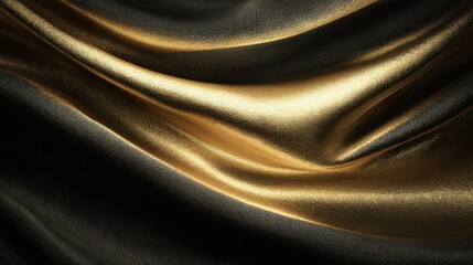 Luxurious fabric in shades of black and gold flows smoothly, creating a dynamic interplay of textures and reflections. The soft lighting enhances the elegance of the material