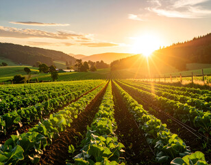 Vibrant Sunset over Lush Green Farm Field