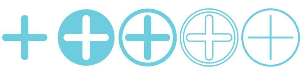 Obraz premium Blue Plus Icons Set – Add Symbols in Circular Outline and Filled Styles for UI Design