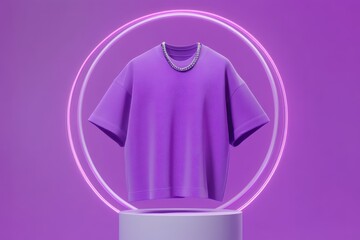 A vibrant purple t-shirt displayed on a pedestal.