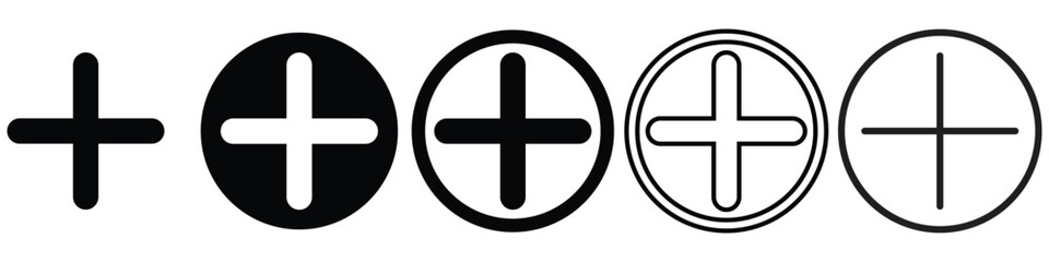 Set of Plus Icons in Circle – Filled and Outlined Add Symbols in Various Styles