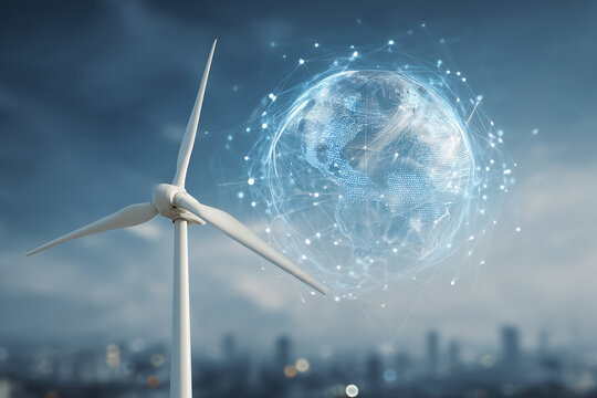 Wind turbine generating power with digital Earth overlay