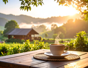 Warm Coffee at Sunrise Over Lush Green Hills