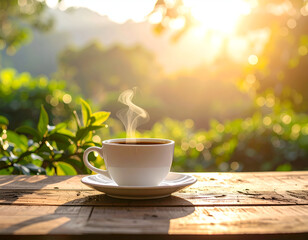 Warm Coffee Cup at Sunrise in a Lush Garden