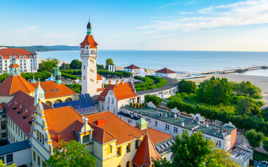 Sunny landscape of the resort town of Sopot and Molo - pier on the Baltic Sea. Poland