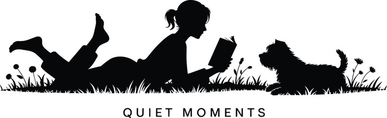 Silhouette of person reading book outdoors, dog companion, tranquil nature scene, leisure, peaceful moment, grass, flowers, quiet relaxation, bonding