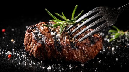 Deliciously grilled steak glistens with seasoning and herbs, accompanied by a fork ready for a hearty meal. The presentation highlights the rich textures and flavors