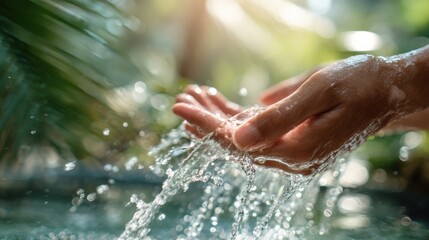 Two hands are reaching out to catch refreshing droplets of water in a lush green environment, illuminated by warm sunlight. The scene feels tranquil and rejuvenating