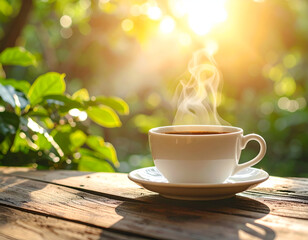 Warm Morning Coffee on Rustic Wooden Table Outdoors