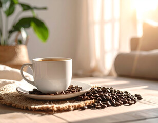 White Coffee Cup and Roasted Beans on Rustic Wooden Table in Sunny Room