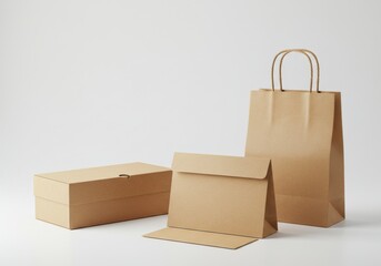 Eco-Friendly Packaging Mockup: Brown Paper Bag, Box, and Envelope for Branding and Design