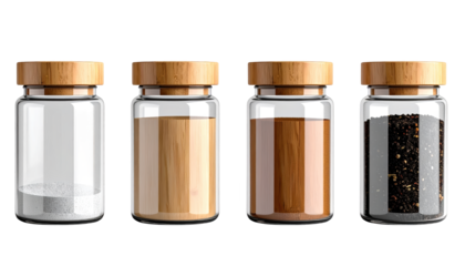 Three chic glass bottles with natural wooden lids, ideal for kitchen storage and modern decor