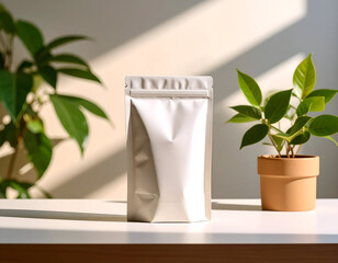 White Foil Pouch Packaging Mockup with Plants
