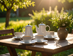 White Tea Set on Wooden Table in Sunny Garden