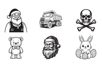 Assorted Black and White Vector Illustrations Santa Claus Dump Truck Skull Teddy Bear and Easter Bunny with Eggs