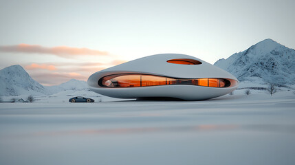 Obraz premium Modern architectural design snowy landscape futuristic home serene environment artistic viewpoint innovative concept