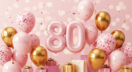 Celebrate 80th birthday with pink and gold balloons and confetti
