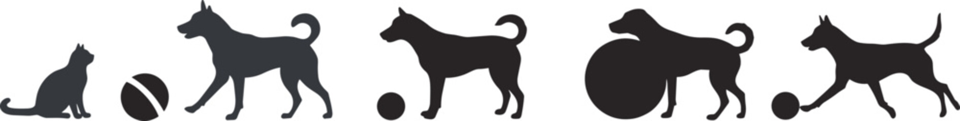 Silhouettes of dogs and cat playing with balls, pet fun, animal activity, playful pets, companionship, joy, interaction, motion, energy