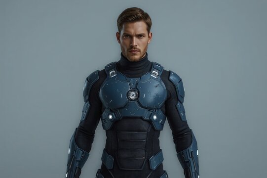 Fototapeta Futuristic soldier studio portrait, grey background, action pose
