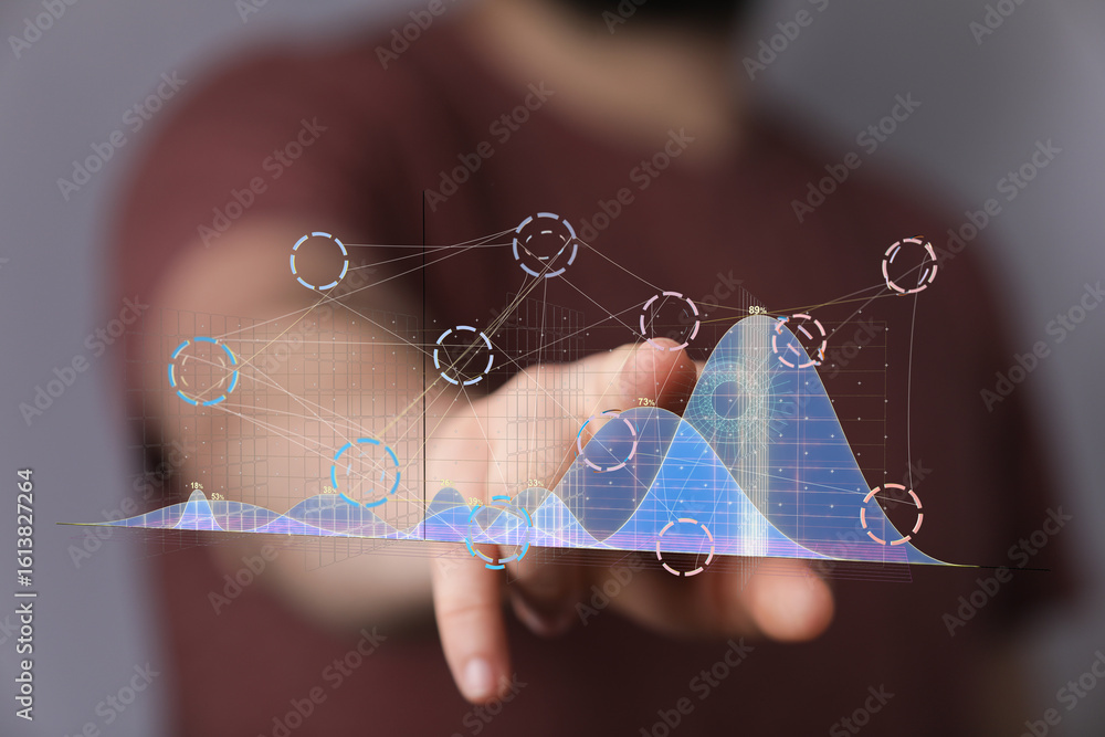 Poster person interacting with a holographic graph showing business analytics and growth. ideal for reports