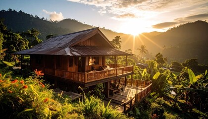 Traditional Malay Village House at Sunrise with Wooden Architecture Surrounded by Lush Green Vegetation and Mountains