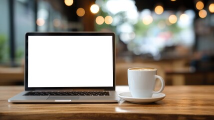 A laptop sits on a wooden table next to a white coffee cup in a warm and inviting cafe. The soft lights and modern decor create a tranquil atmosphere for productivity