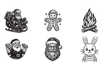 Black and White Christmas Icon Set Featuring Santa Gingerbread Man Campfire and a Cute Bunny Illustration