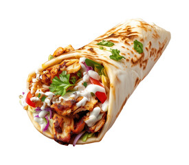 Delicious chicken shawarma wrap with fresh vegetables and herbs on transparent background