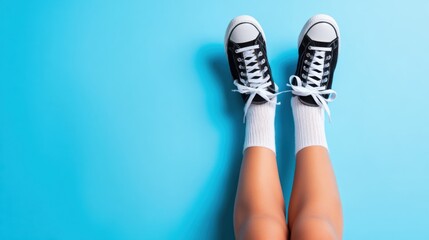 Feet adorned in classic black sneakers and white socks rest on a bright blue surface, showcasing a stylish and casual footwear combination in a relaxed setting