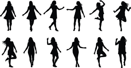 Silhouettes of women dancing, expressive poses, black and white vector illustration, graceful movement, artistic design, energetic figures, fashion concept, elegance