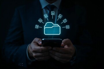 Businessman pointing at digital icons representing business growth and success