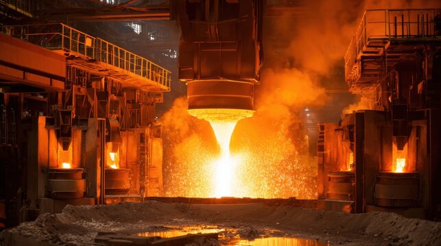 Bright streams of molten metal flow from a furnace in an industrial foundry while workers monitor the process during nighttime operations. The facility is filled with heat and glowing light