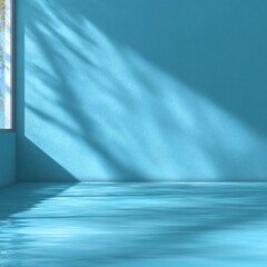 Bright daylight filters through a large window, casting delicate shadows across a tranquil blue room. The smooth surface reflects light, creating an inviting atmosphere