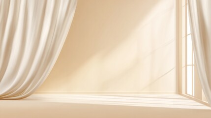 Natural light fills the minimalist room, illuminating the soft white curtains. The warm tones create a calm and inviting space, perfect for relaxation or creativity